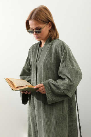 Kadife Abaya Takım Haki - 3