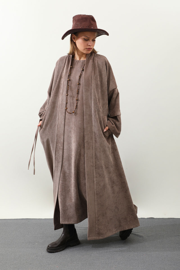 Kadife Abaya Takım Vizon - 4