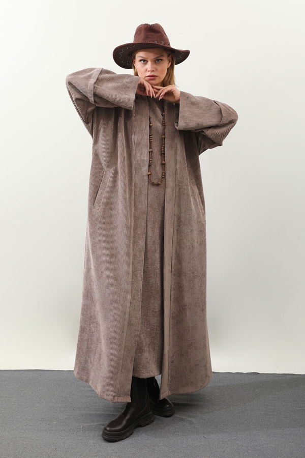 Kadife Abaya Takım Vizon - 3