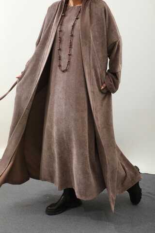 Kadife Abaya Takım Vizon - 5