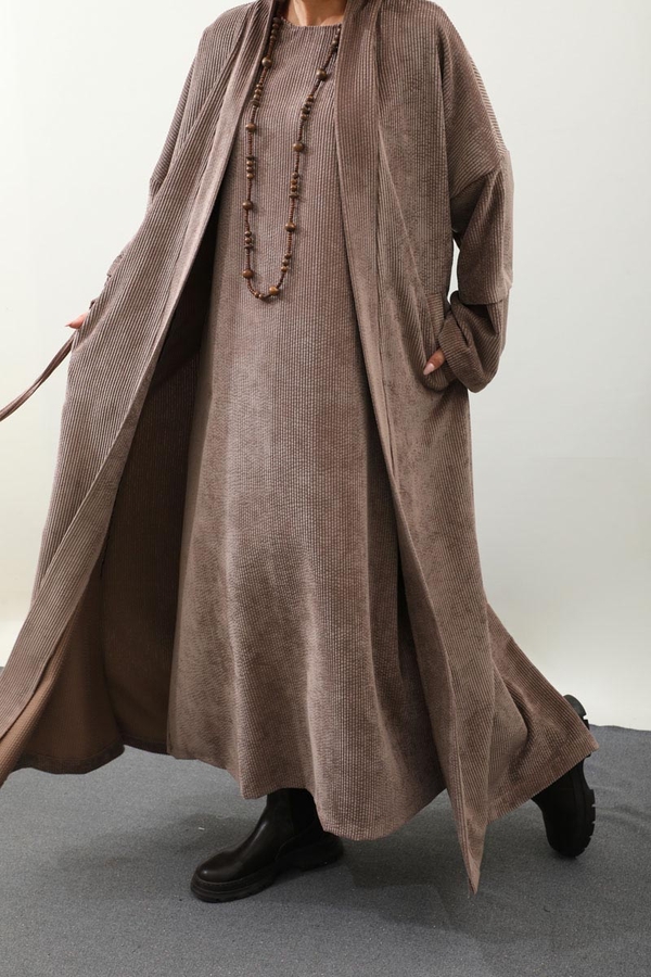 Kadife Abaya Takım Vizon - 5