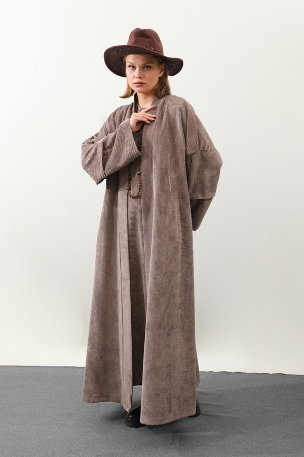 Kadife Abaya Takım Vizon - 1