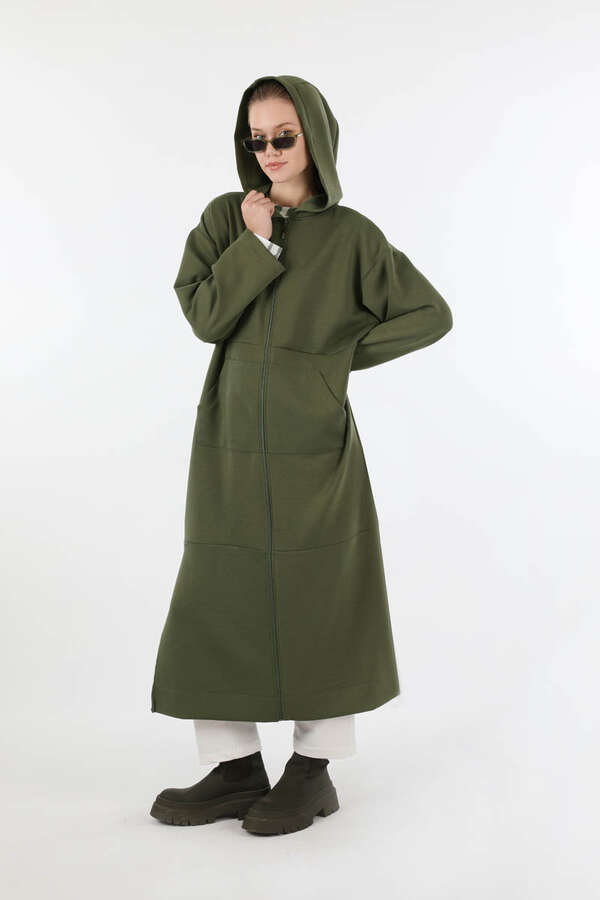 Fermuarlı Cepli Uzun Hırka Haki - 1