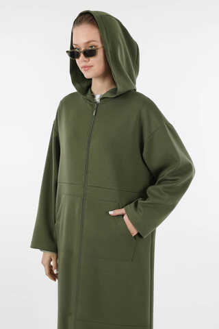 Fermuarlı Cepli Uzun Hırka Haki - 2