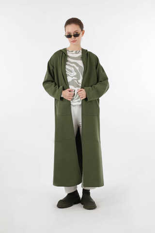 Fermuarlı Cepli Uzun Hırka Haki - 3