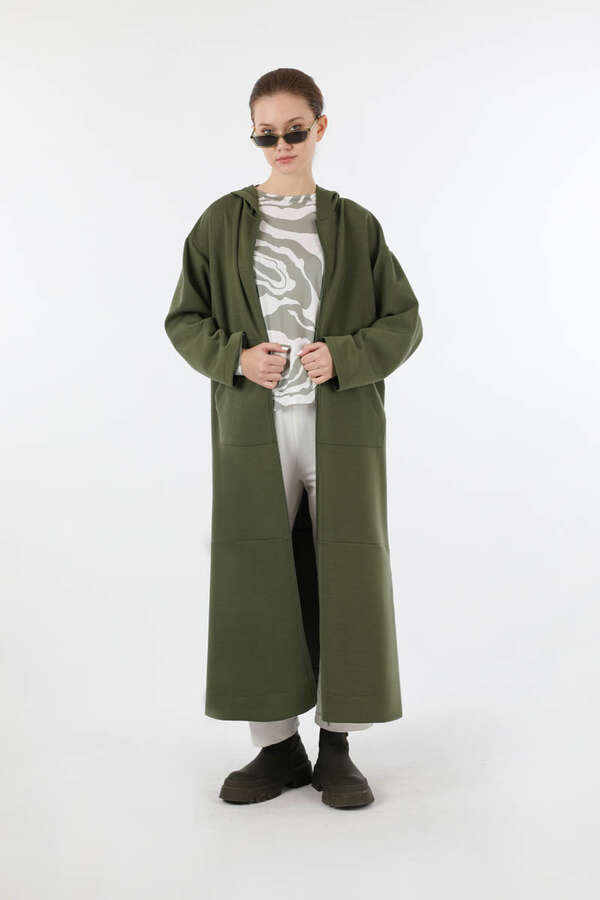 Fermuarlı Cepli Uzun Hırka Haki - 3