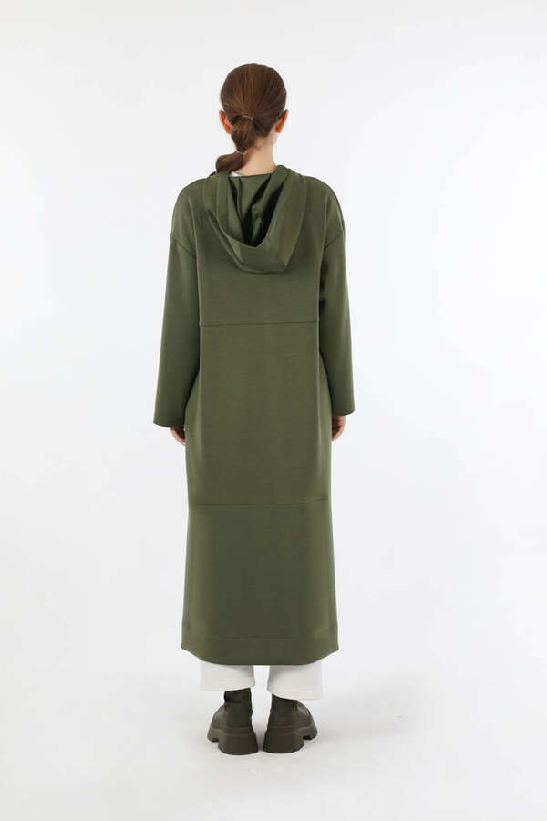 Fermuarlı Cepli Uzun Hırka Haki - 6