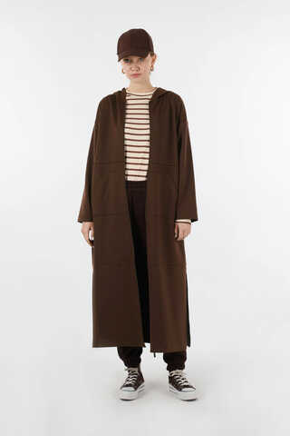 Fermuarlı Cepli Uzun Hırka Kahve - 1