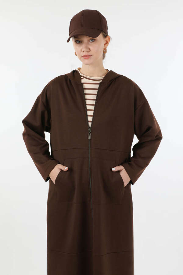 Fermuarlı Cepli Uzun Hırka Kahve - 2