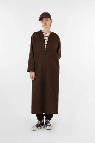 Fermuarlı Cepli Uzun Hırka Kahve - 3