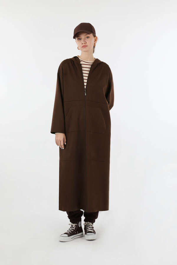 Fermuarlı Cepli Uzun Hırka Kahve - 3