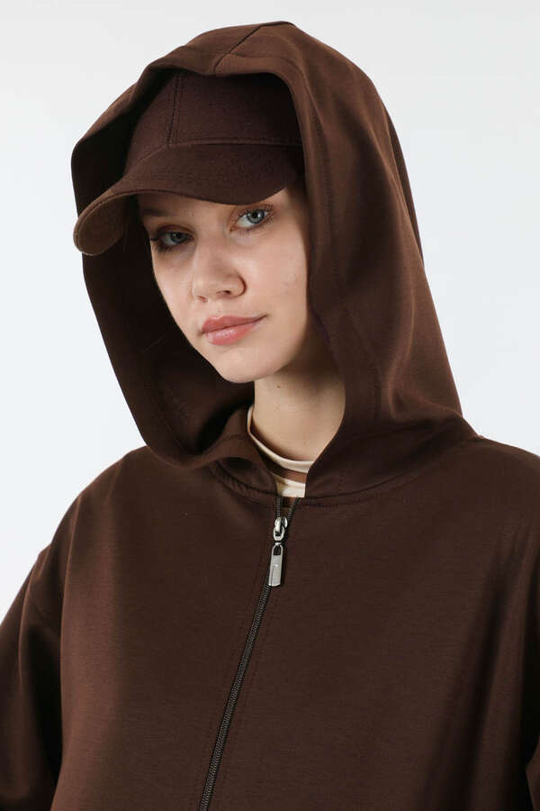 Fermuarlı Cepli Uzun Hırka Kahve - 4