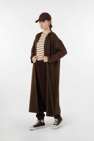 Fermuarlı Cepli Uzun Hırka Kahve - 5