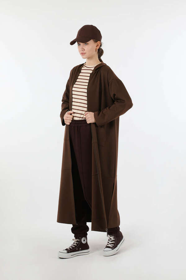 Fermuarlı Cepli Uzun Hırka Kahve - 5