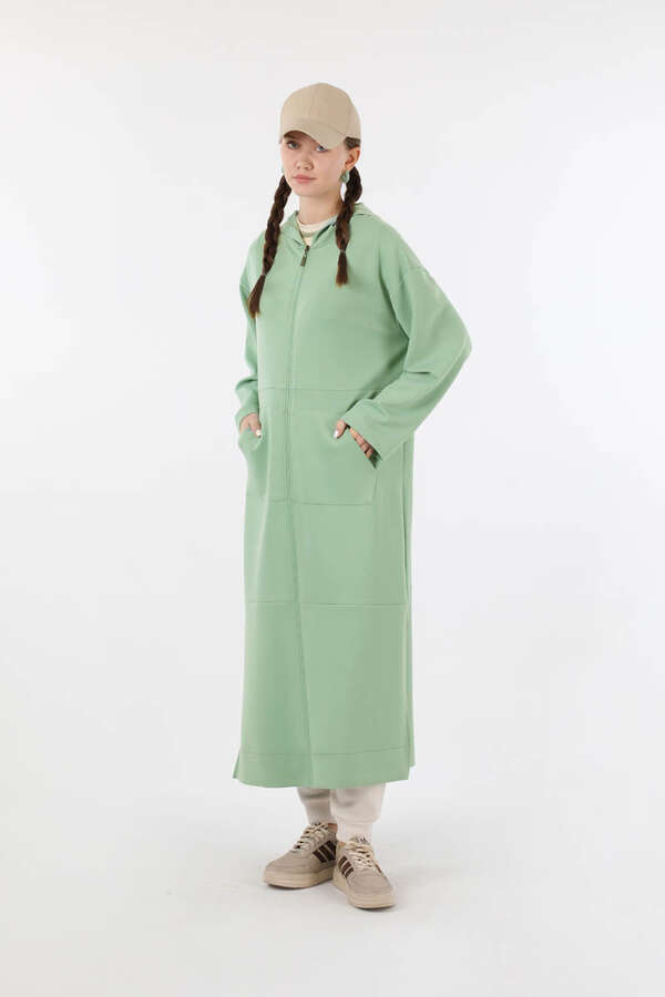 Fermuarlı Cepli Uzun Hırka Mint - 3