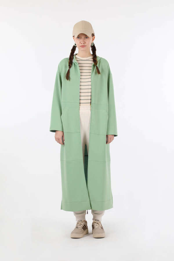 Fermuarlı Cepli Uzun Hırka Mint 