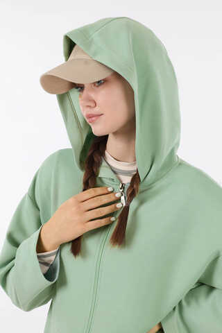 Fermuarlı Cepli Uzun Hırka Mint - 4