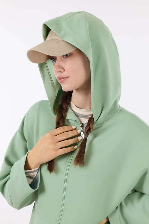 Fermuarlı Cepli Uzun Hırka Mint - 4