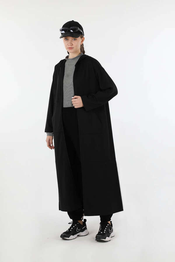 Fermuarlı Cepli Uzun Hırka Siyah - 1