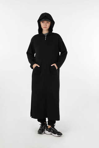 Fermuarlı Cepli Uzun Hırka Siyah - 5