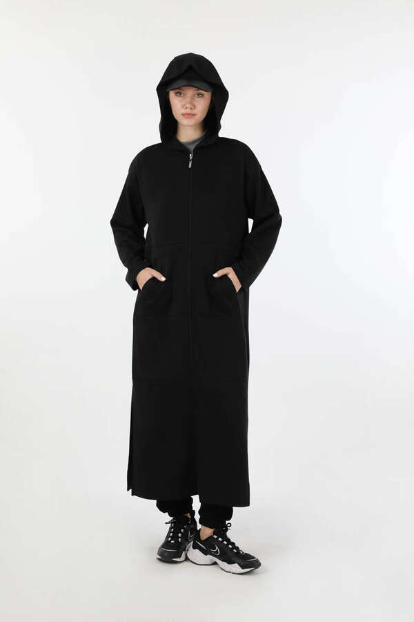 Fermuarlı Cepli Uzun Hırka Siyah - 5