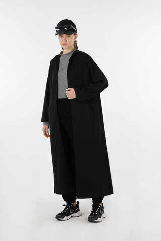 Fermuarlı Cepli Uzun Hırka Siyah - 1