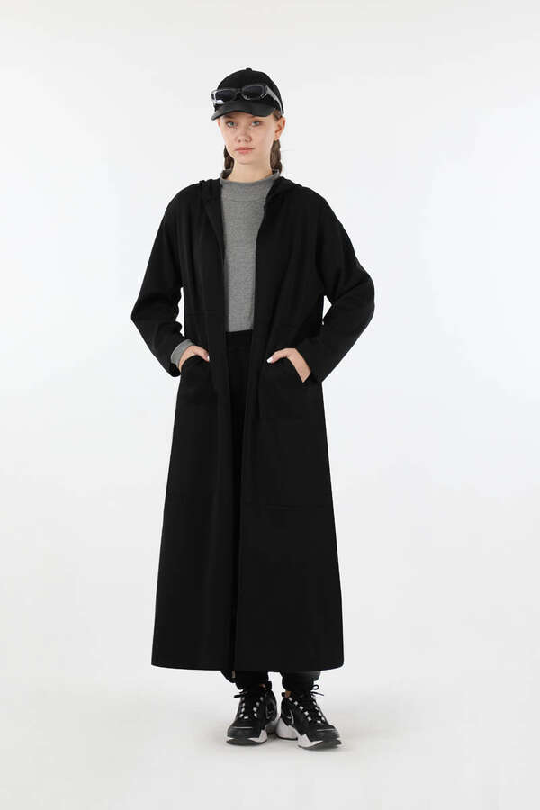 Fermuarlı Cepli Uzun Hırka Siyah - 3