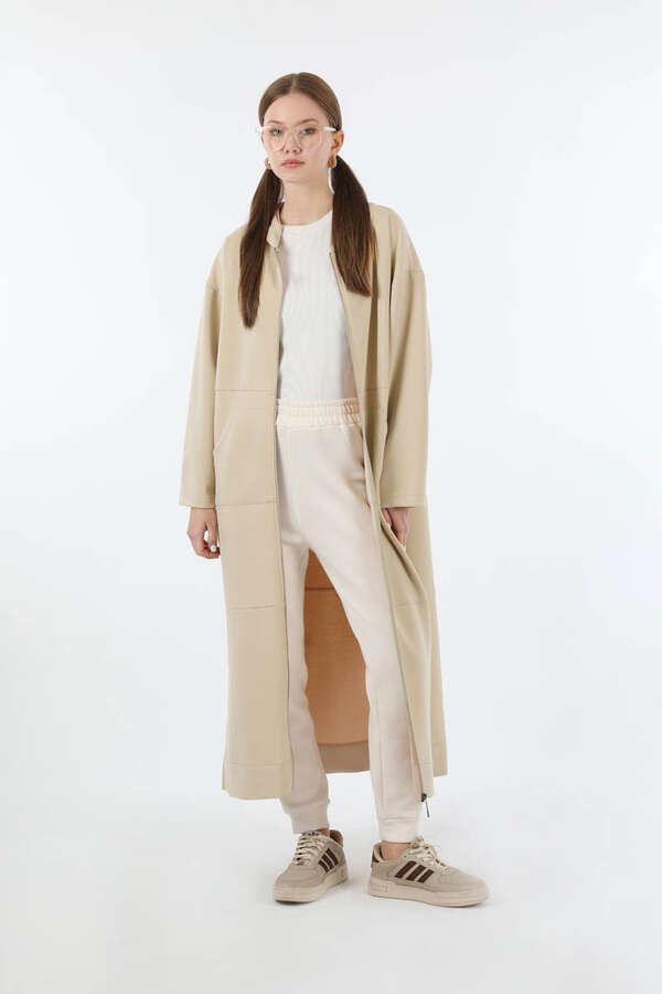 Fermuarlı Cepli Uzun Hırka Taş - 1