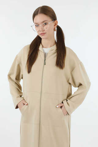 Fermuarlı Cepli Uzun Hırka Taş - 4