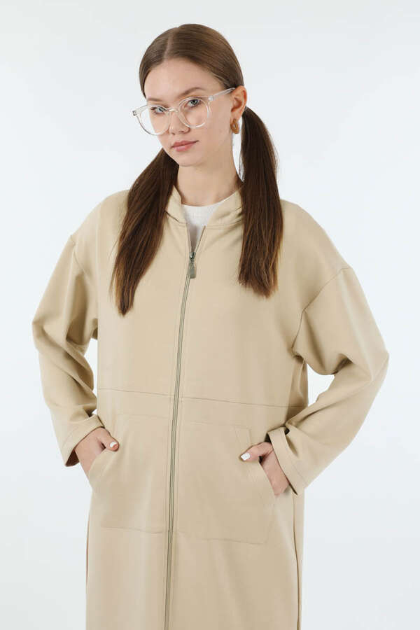 Fermuarlı Cepli Uzun Hırka Taş - 4