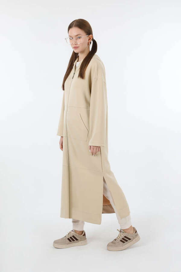 Fermuarlı Cepli Uzun Hırka Taş - 5