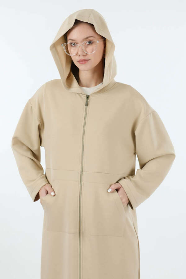 Fermuarlı Cepli Uzun Hırka Taş - 2