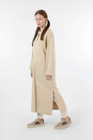 Fermuarlı Cepli Uzun Hırka Taş - 5