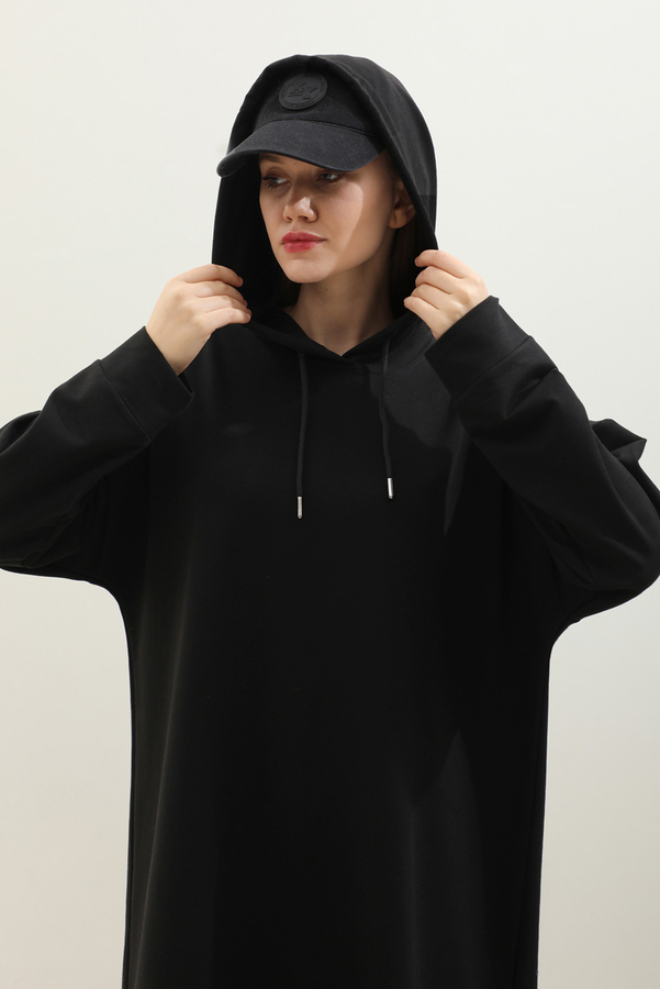 Kapişonlu Elbise Siyah - 5