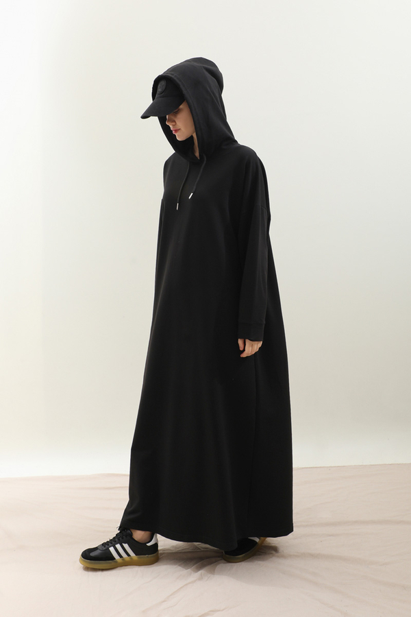 Kapişonlu Elbise Siyah - 2