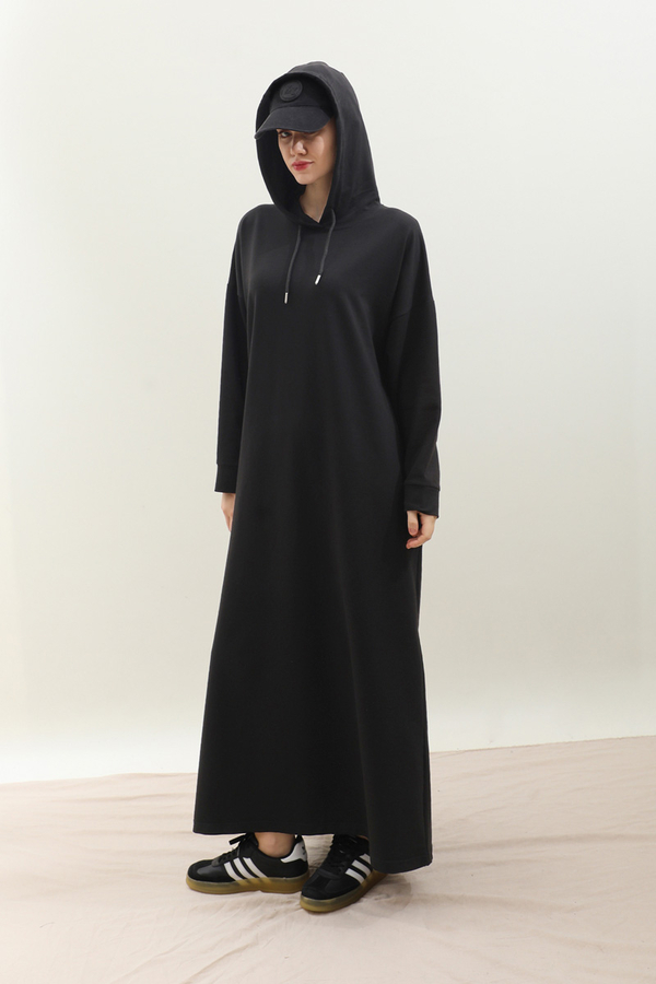 Kapişonlu Elbise Siyah - 4