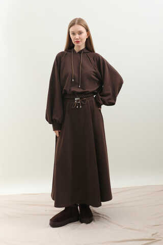 Kapişonlu Sweat Etek Takım Kahverengi - 1