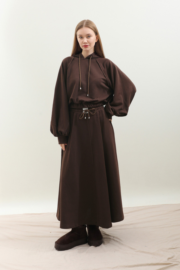 Kapişonlu Sweat Etek Takım Kahverengi - 1