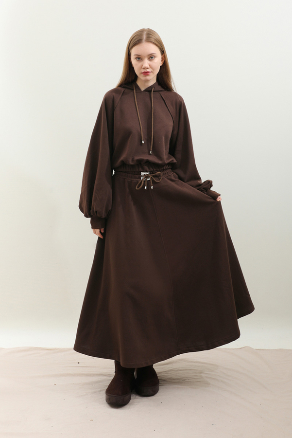 Kapişonlu Sweat Etek Takım Kahverengi - 3