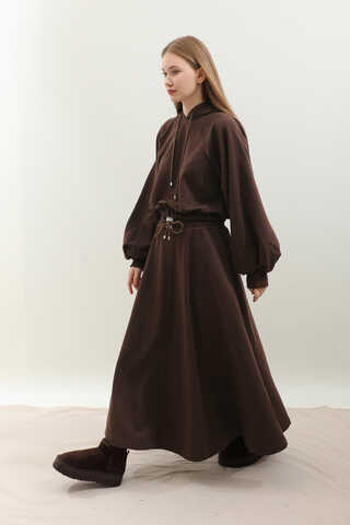 Kapişonlu Sweat Etek Takım Kahverengi - 4