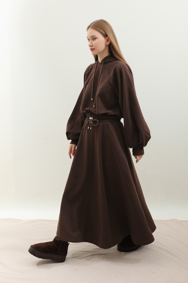 Kapişonlu Sweat Etek Takım Kahverengi - 4