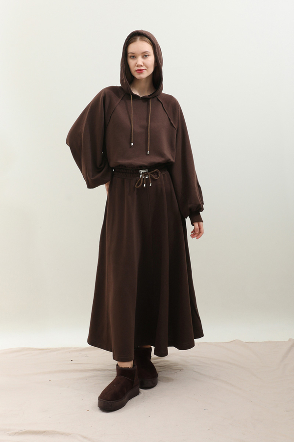 Kapişonlu Sweat Etek Takım Kahverengi - 8