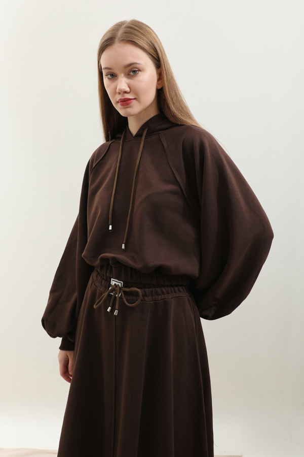 Kapişonlu Sweat Etek Takım Kahverengi - 7