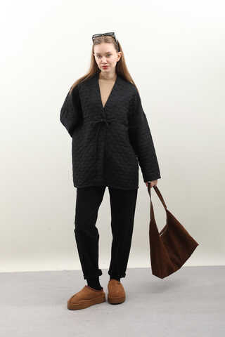 Kapitone Kimono Ceket Siyah - 4