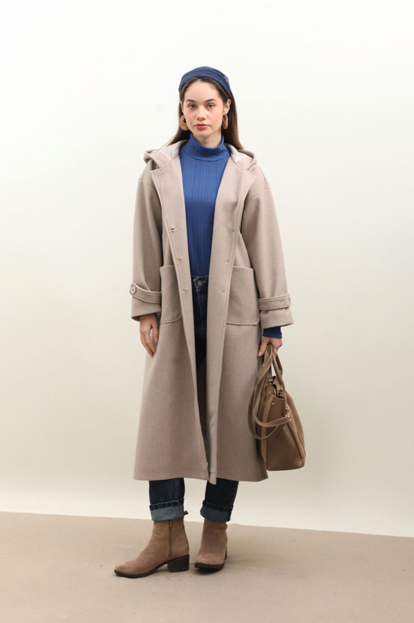 Kapüşonlu Ara Boy Kaban Açık Vizon 