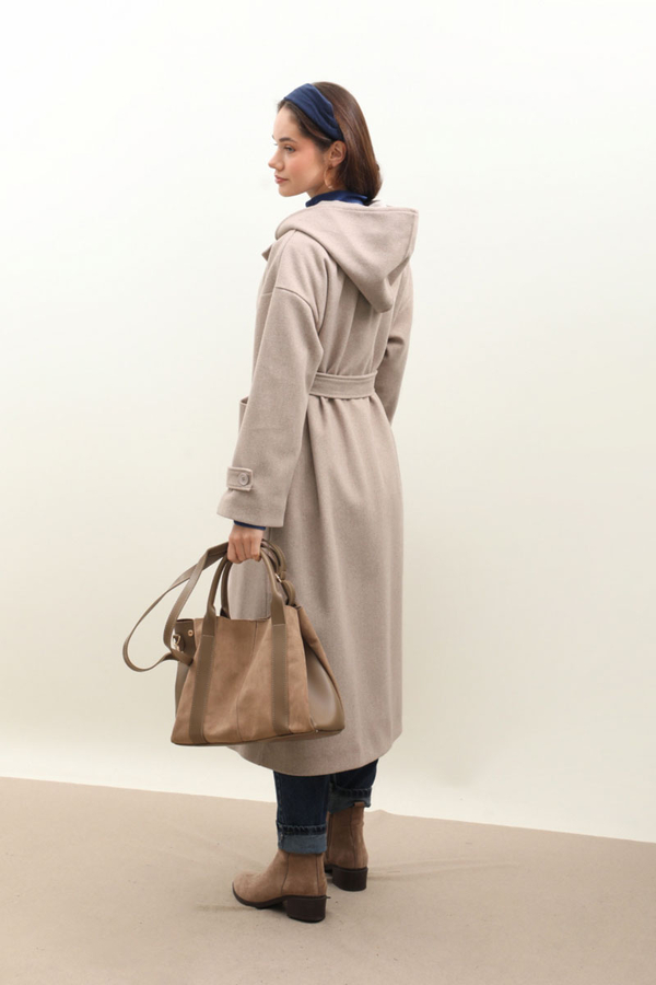 Kapüşonlu Ara Boy Kaban Açık Vizon - 13