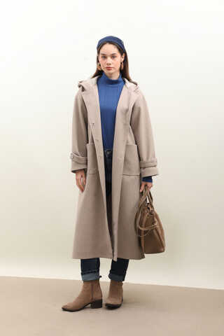 Kapüşonlu Ara Boy Kaban Açık Vizon - 1