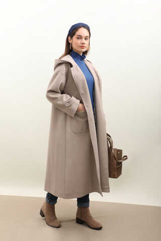 Kapüşonlu Ara Boy Kaban Açık Vizon - 2