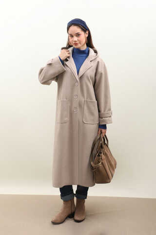 Kapüşonlu Ara Boy Kaban Açık Vizon - 3