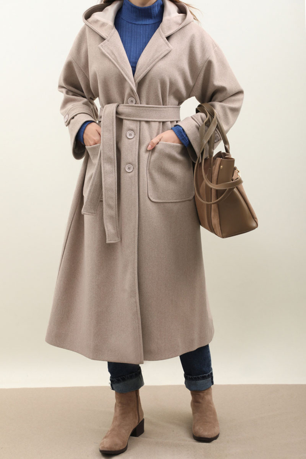 Kapüşonlu Ara Boy Kaban Açık Vizon - 7